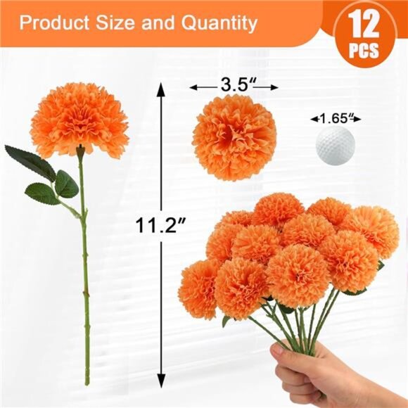 12Pcs Artificial Chrysanthemums Flowers Ball Flower,Orange Fake Mums Silk Flower - Picture 2 of 8